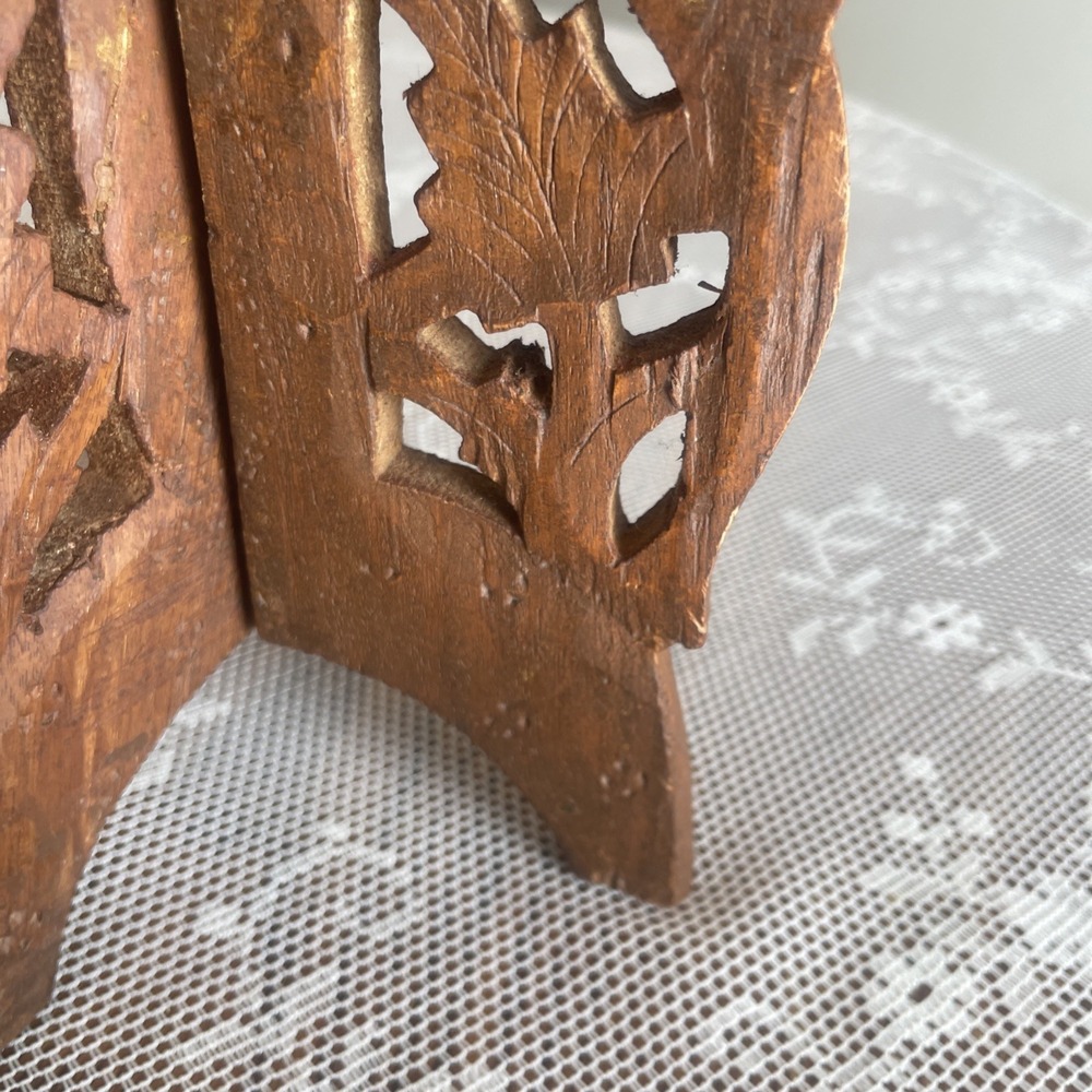 Vintage Hand Carved Wood 3 Leg Folding Mini Plant Book Stand Floral India - Picture 9 of 16